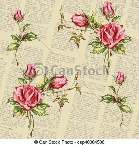 450x470 Rose Pattern On Newspaper. Seamless Floral Background. Pattern