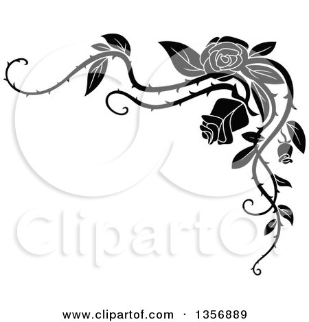 450x470 Clipart Of A Black And White Corner Floral Rose Vine Border Design