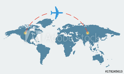500x300 World Map With Plane. Travel And Tourism Concept. Airplane Route