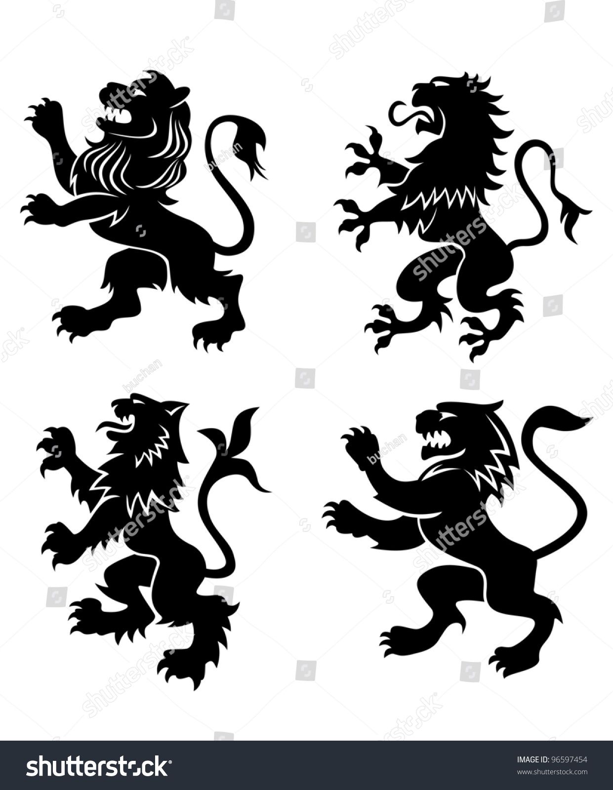 1241x1600 Royal Lions Silhouettes Set For Heraldic Design. Vector