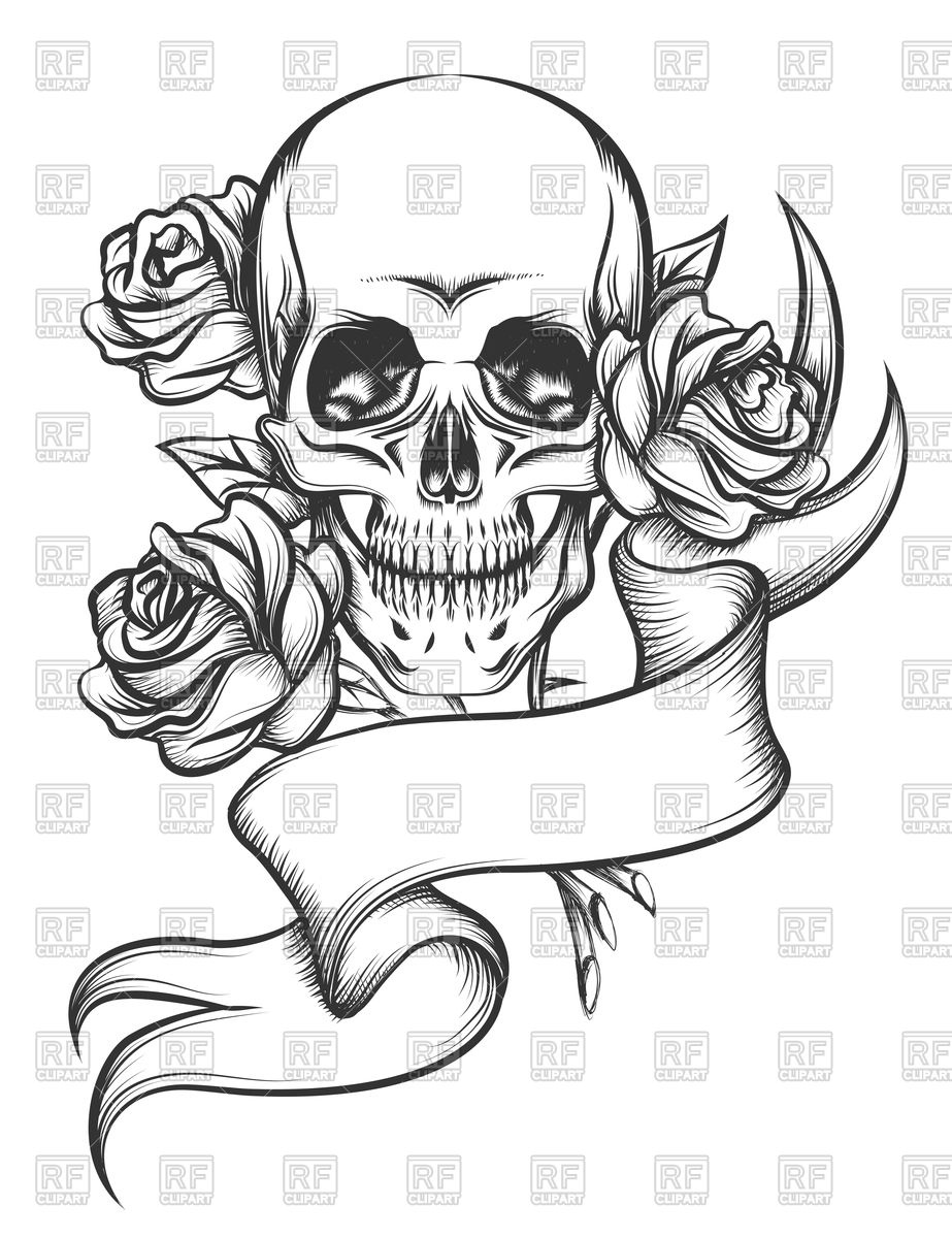923x1200 Human Skull With Roses And Ribbon Vector Image Vector Artwork Of