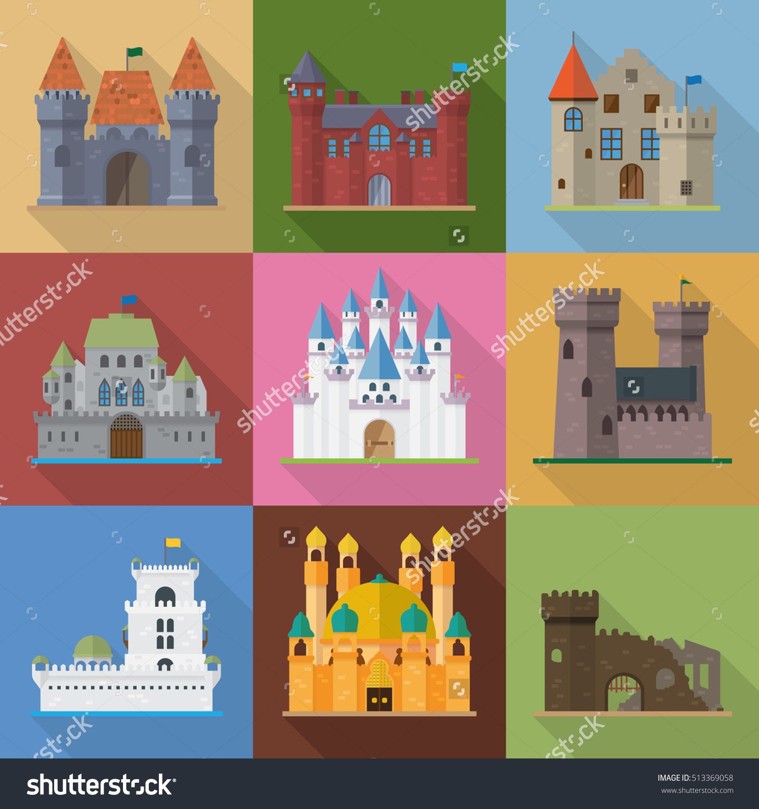 1500x1600 Flat Design Long Shadow Castles, Palaces, Mansions, Fortresses And