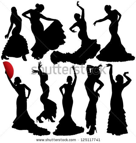 447x470 Women Dancing Flamenco And Salsa Vector Silhouettes Set. Layered