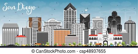450x176 San Diego Skyline With Gray Buildings And Blue Sky. Vector