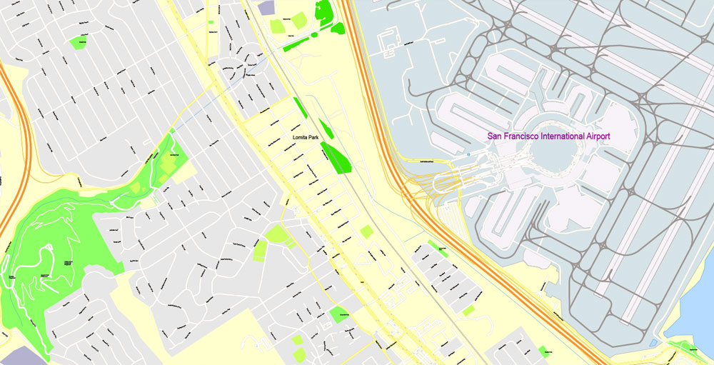1000x511 San Francisco Printable Map, California, Us, Exact Vector Map