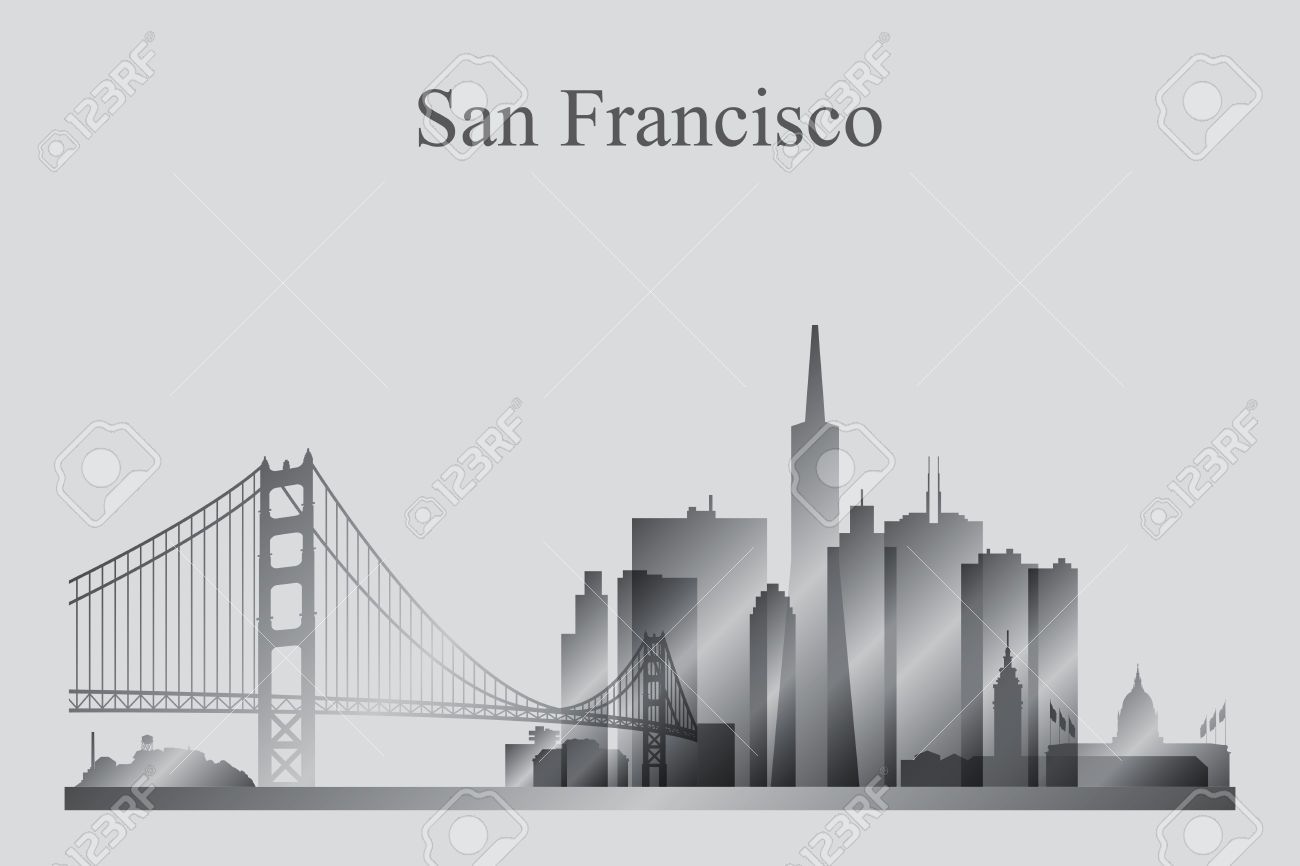 1300x866 San Francisco City Skyline Silhouette In Grayscale, Vector