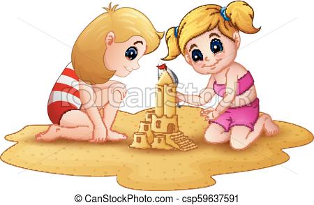 450x294 Vector Illustration Of Two Little Girl Making Sandcastle