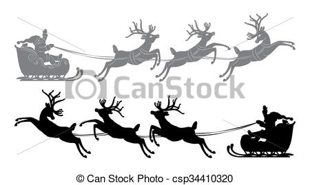 450x269 Black Vector Silhouette, Flying Santa Claus In A Reindeer Sleigh .