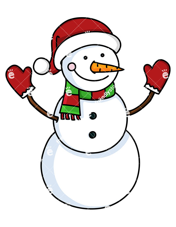 585x755 Snowman Wearing Santa Hat And Red Gloves Cartoon Vector Clipart