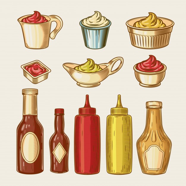 626x626 Vector Illustration Of An Engraving Style Set Of Different Sauces