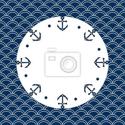 400x400 Round Navy Frame With Anchors And Dots, On A Scallop, Vector White
