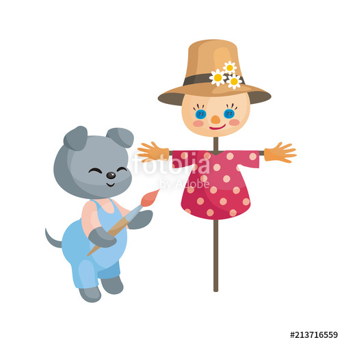 500x500 Cute Puppy Paints A Scarecrow. Vector Illustration In Cartoon