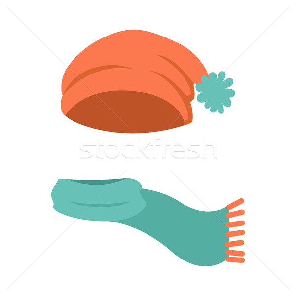 600x600 Hat. Modern Winter Orange Headwear And Green Scarf Vector