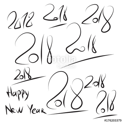 500x500 Set Hand Drawn 2018 Happy New Year Script. Vector Sketch Pen