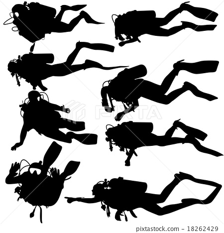 450x468 Set Black Silhouette Scuba Divers. Vector