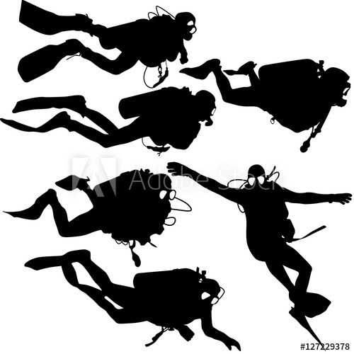 500x500 Set Black Silhouette Scuba Divers. Vector Illustration.