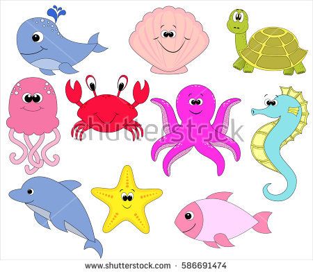 450x395 Vector Set Of Sea Creatures. Cute Cartoon Animals. Vector