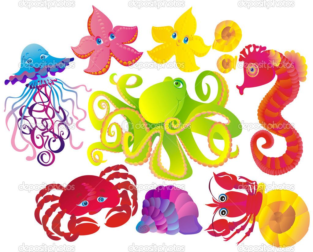 1023x823 Cartoon Ocean Animals Many Sea Animals, Vector Illustration