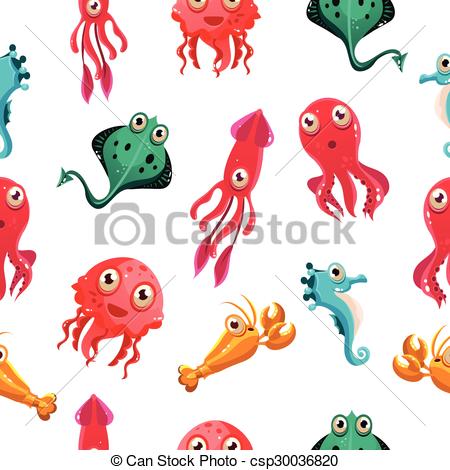 450x470 Kids Seamless Pattern With Sea Life Vector Illustration.