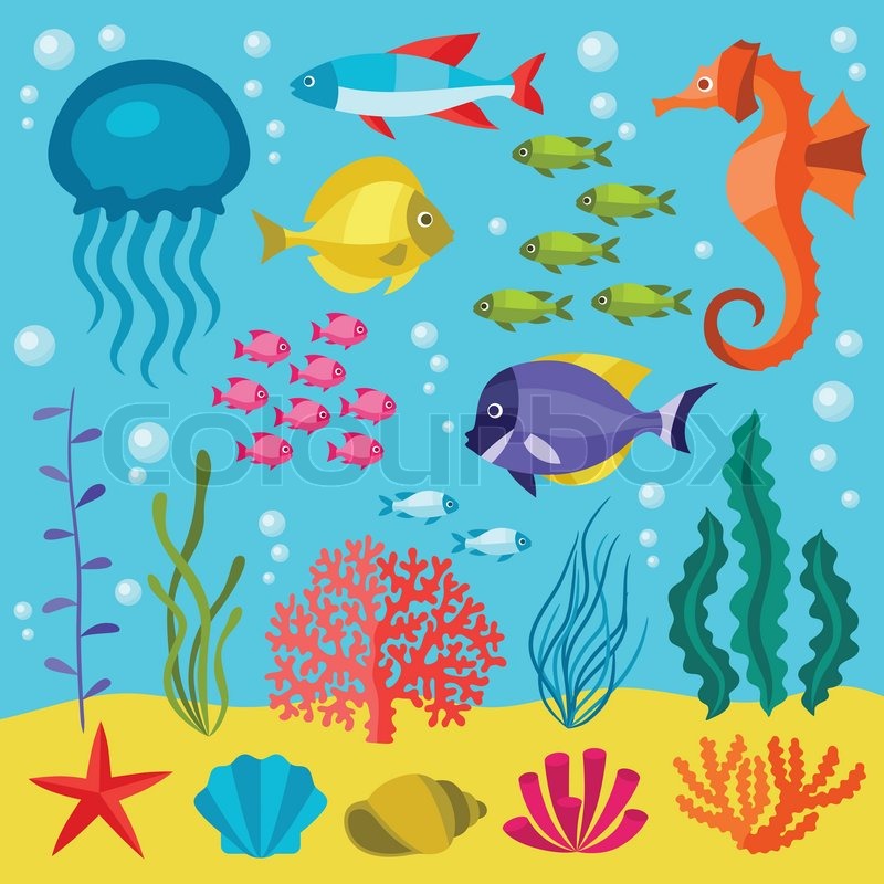 800x800 Marine Life Set Of Icons, Objects And Sea Animals. Stock Vector