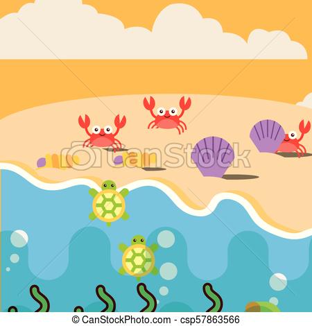 450x470 Sea Life Cartoon. Beach Crabs Clams And Turtles Ocean Sea Life