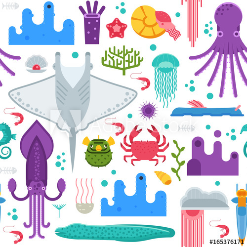 500x500 Sea Life Pattern With Different Marine Animals. Underwater