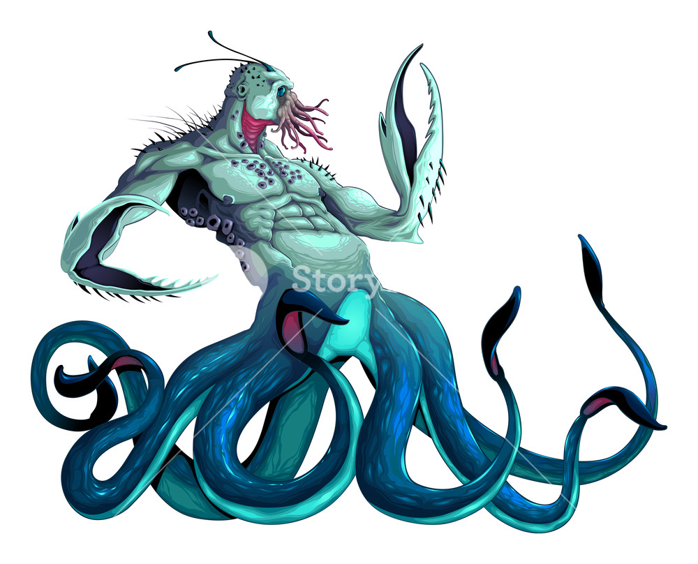 1000x808 Sea Monster With Tentacles And Claws. Vector Isolated Character