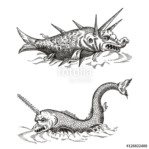 500x500 Mythological Vintage Sea Monster. Fragment Of Old Pirate Map