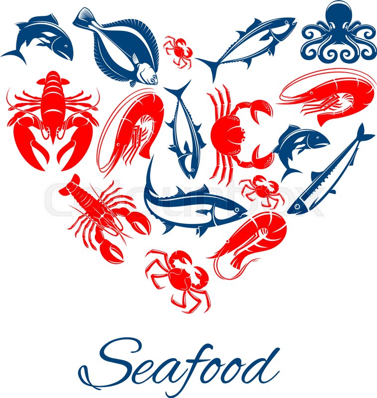 758x800 Seafood Vector Poster Designed In Heart Shape Of Sea Food Fish