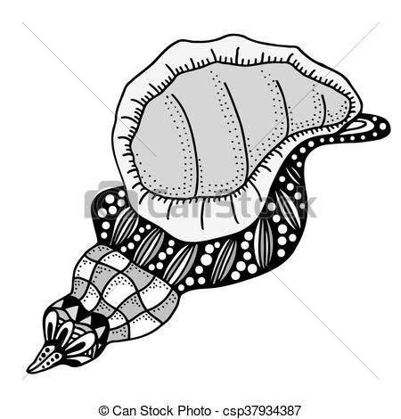 450x470 Hand Drawn Seashell. Aquatic Doodle Vector Illustration. Sketch