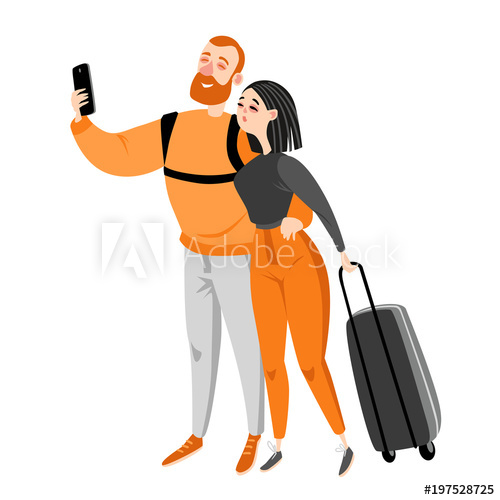 500x500 Happy Couple Travel Together. Couple Makes Selfie. Vector
