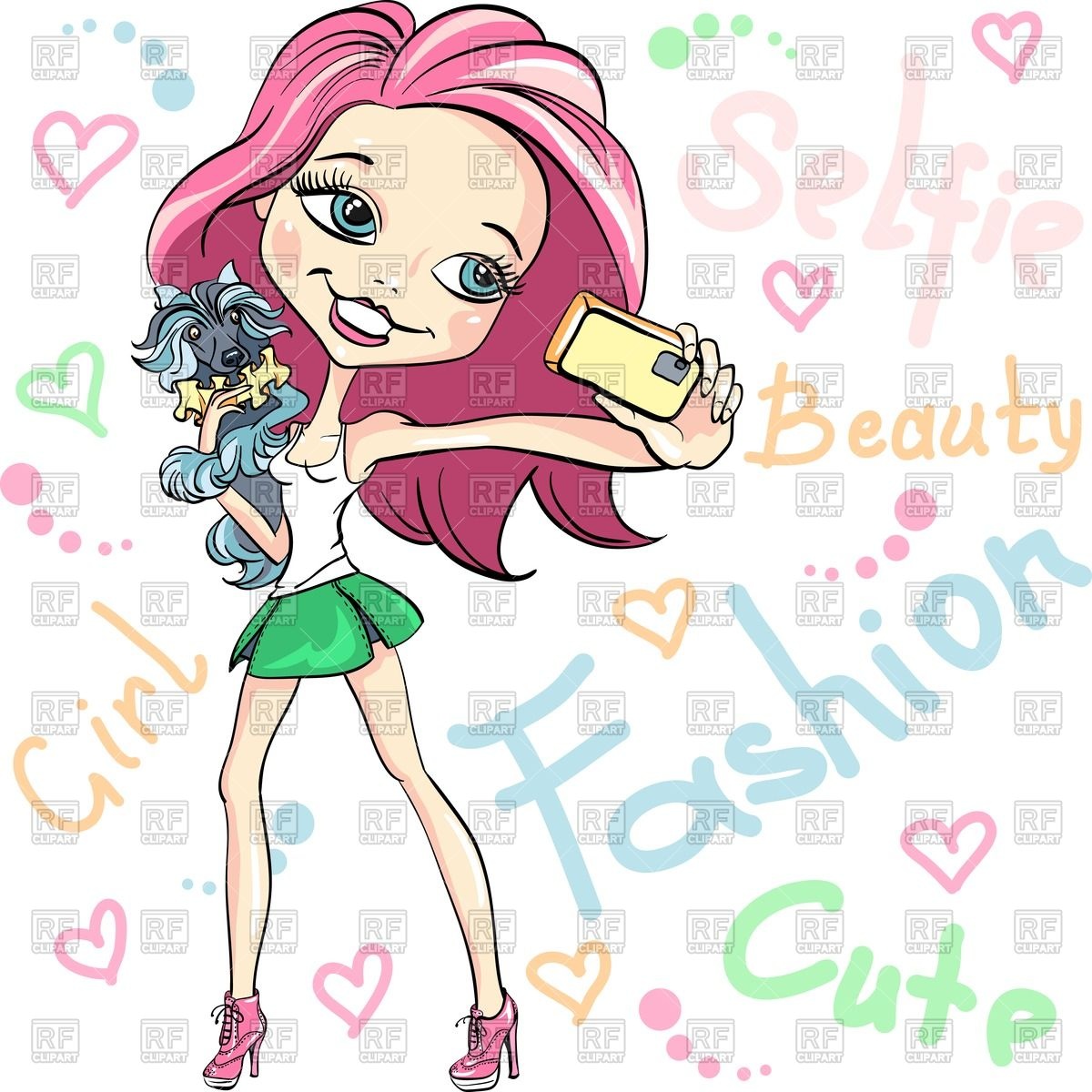 1200x1200 Cute Fashionable Girl With Dog Makes Selfie Vector Image Vector