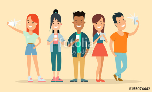 500x302 Flat Teens Phone Selfie Vector Illustration Social Concept. Stock