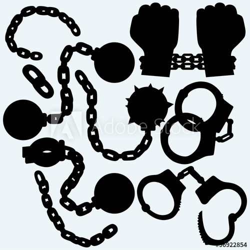 500x500 Hands Chained In A Chain, Metal Shackles And Handcuffs. Isolated