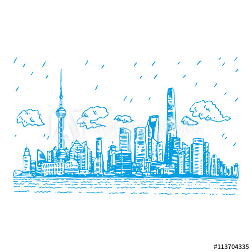 500x500 Shanghai Skyline, China. Vector Freehand Pencil Sketch.