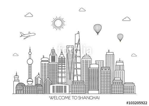 500x354 Shanghai Skyline. Vector Background. Line Illustration. Line Art