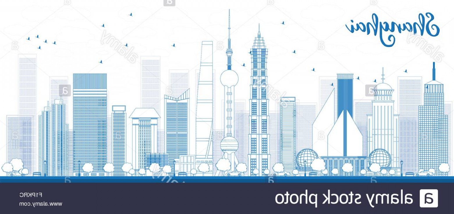 1560x738 Stock Photo Outline Shanghai Skyline With Blue Skyscrapers Vector