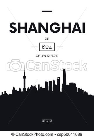 321x470 Poster City Skyline Shanghai, Flat Style Vector Illustration.