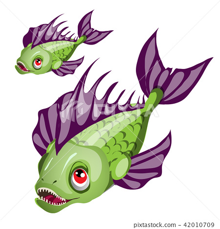 450x468 Cartoon Green Fish With Purple Fins And Sharp Teeth Isolated On