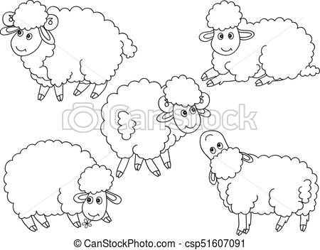 450x352 Vector Set Of Cute Cartoon Sheep. Vector Set Of Black And White