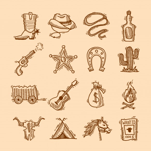 626x626 Wild West Cowboy Hand Drawn Set With Saddle Sheriff Badge