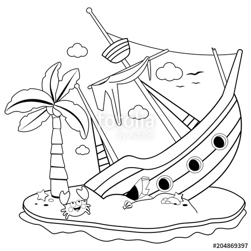 500x500 Shipwreck On An Island. Black And White Coloring Book