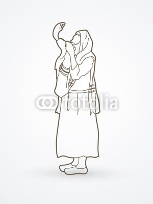 300x400 Jew Blowing The Shofar Side View Outline Graphic Vector. Buy