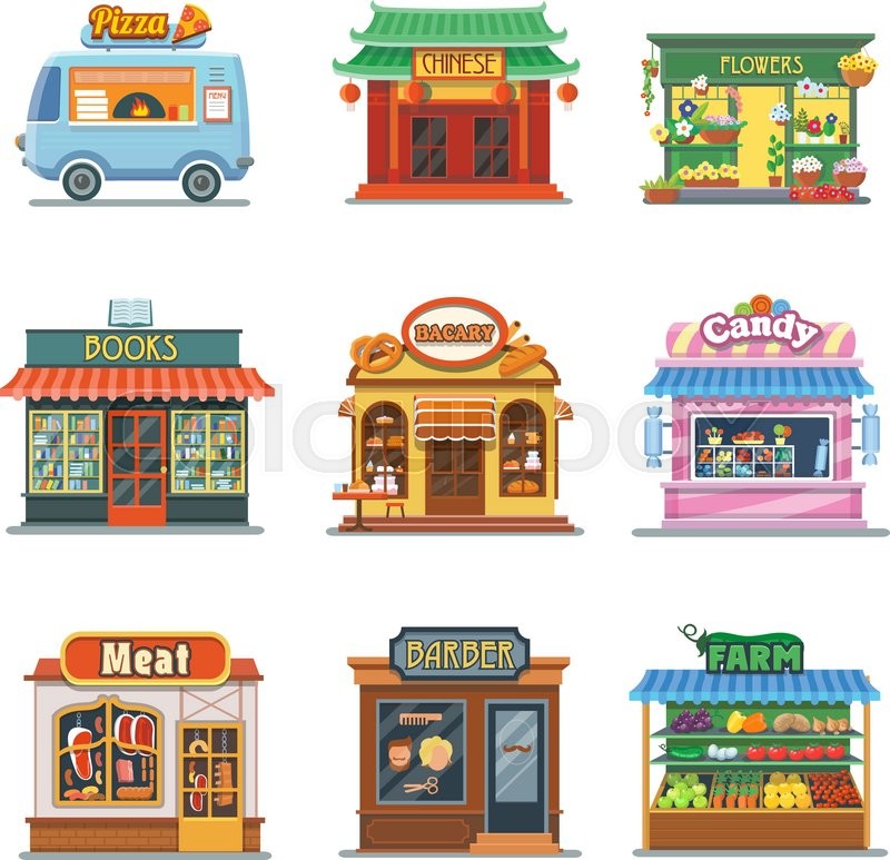 800x773 Set Of Nice Showcases Of Shops. Pizza Trailer, Bakery, Candy Store