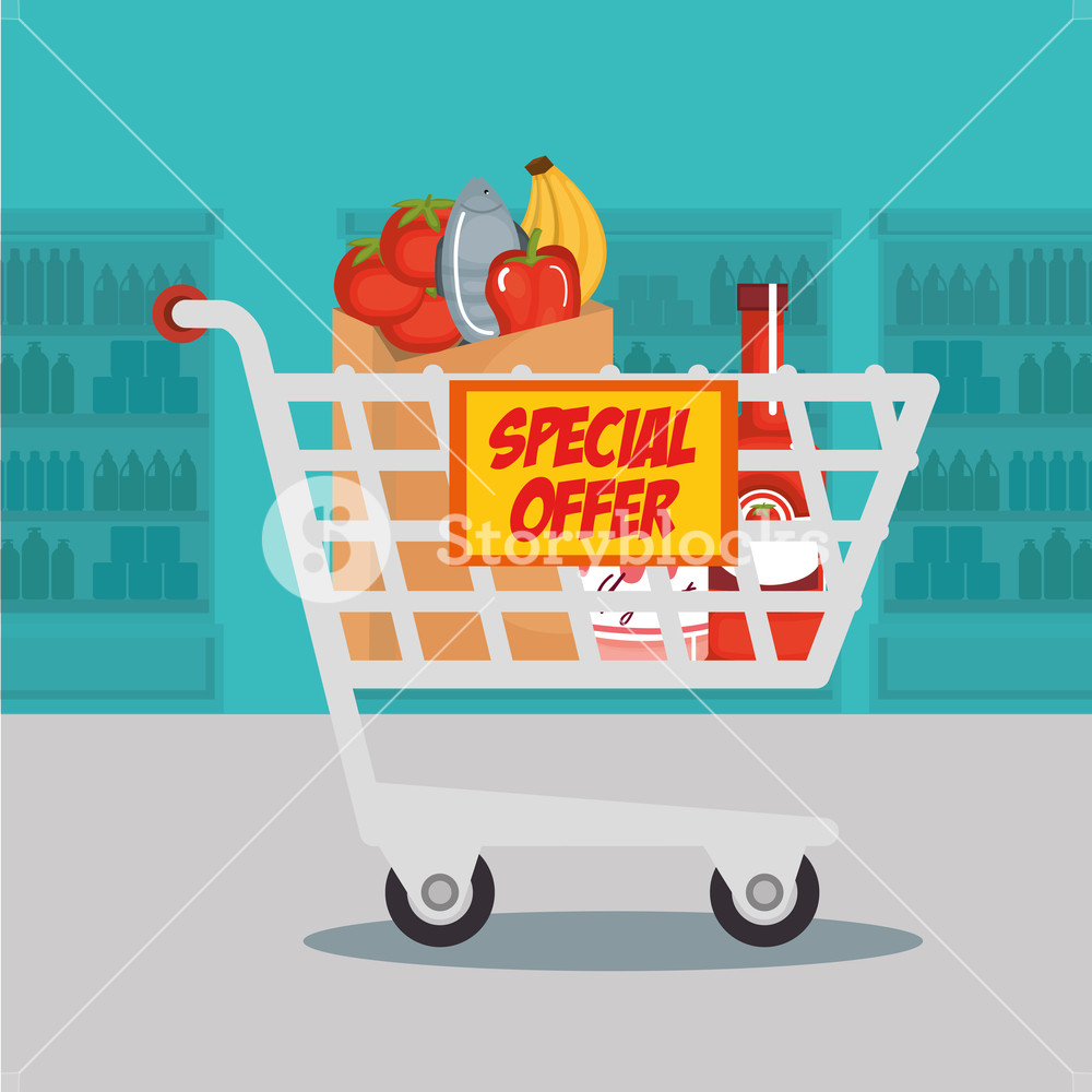 1000x1000 Supermarket Groceries In Shopping Cart Vector Illustration Design