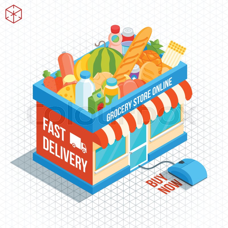 800x800 Isometric Shop Building. Online Grocery Shopping. Market Basket