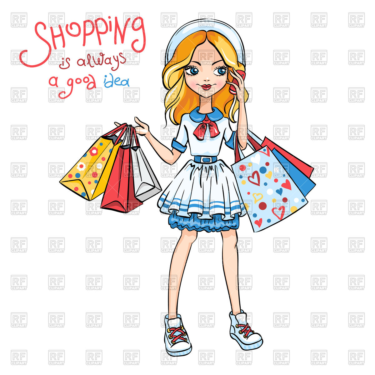 1200x1200 Cute Fashion Girl In Dress And Hat With Shopping Vector Image