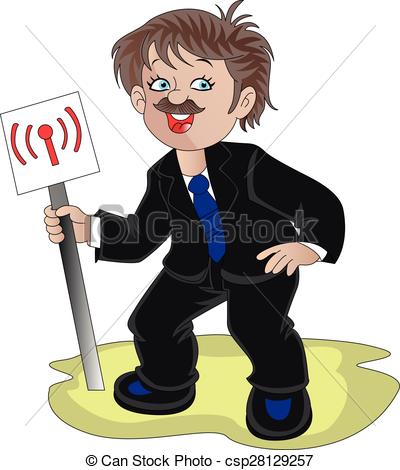 400x470 Vector Of Man Holding Wifi Signboard. Vector Illustration Of Happy