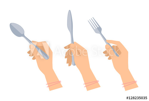500x341 Female Hands With Cutleries Steel Spoon, Fork And Knife. Flat