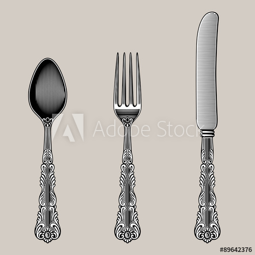 500x500 Antique Cutlery. Vector Spoon, Fork And Knife In Vintage Style